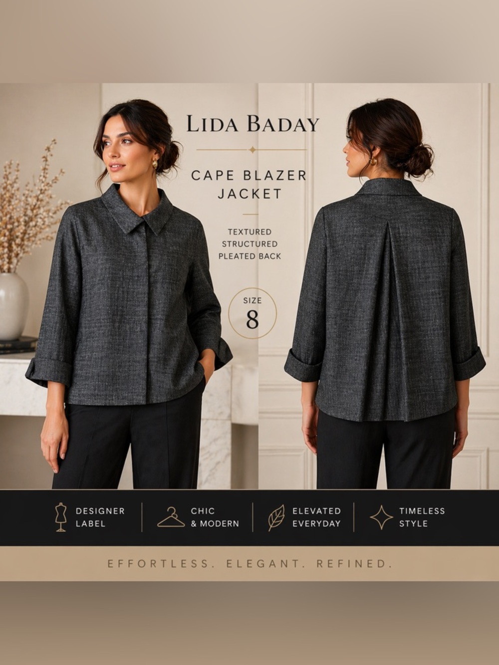 Lida Baday Gray Textured Cape Blazer Jacket Size 8 Pleated Back Designer Chic